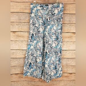 Tahari Linen Tropical Floral Bird Print Wide-Leg Cropped Pants Size Medium